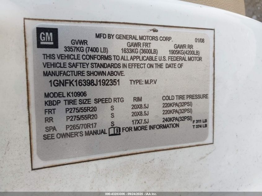 2008 Chevrolet Suburban 1500 Ltz VIN: 1GNFK16398J192351 Lot: 43283306