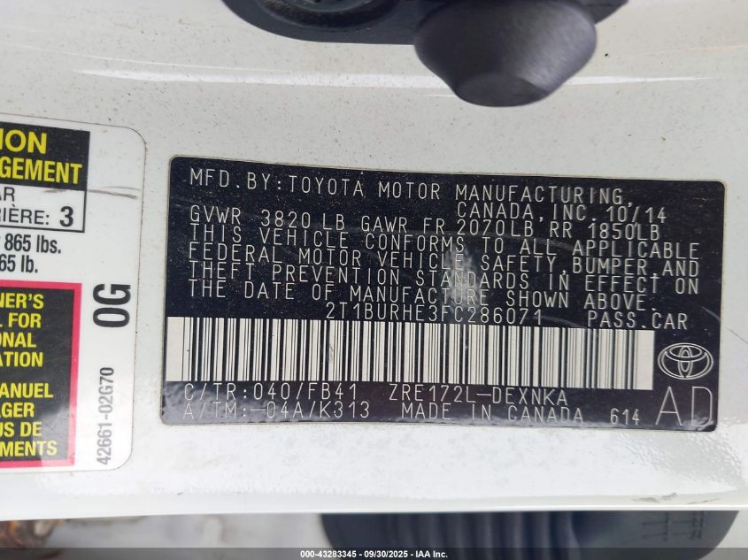 2015 Toyota Corolla Le Plus VIN: 2T1BURHE3FC286071 Lot: 43283345