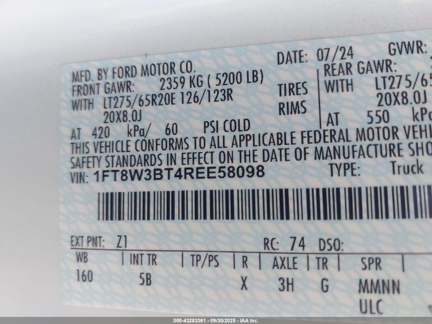 2024 Ford F-350 Lariat VIN: 1FT8W3BT4REE58098 Lot: 43283361