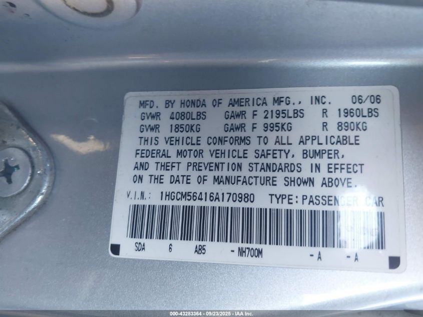2006 Honda Accord 2.4 Lx VIN: 1HGCM56416A170980 Lot: 43283364