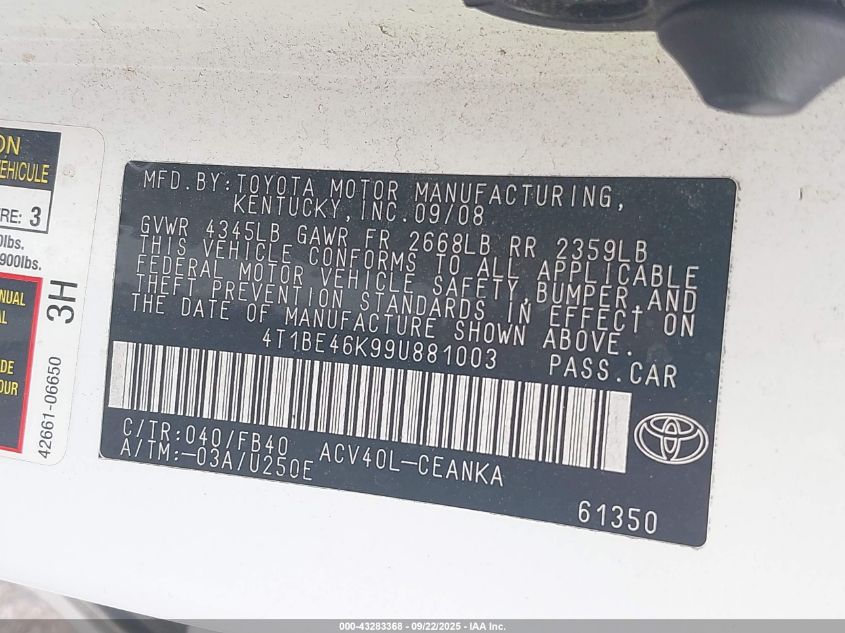 2009 Toyota Camry Le VIN: 4T1BE46K99U881003 Lot: 43283368