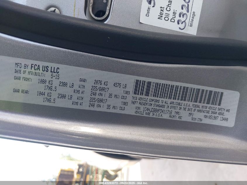 2015 Jeep Compass Sport VIN: 1C4NJDBB0FD411716 Lot: 43283373