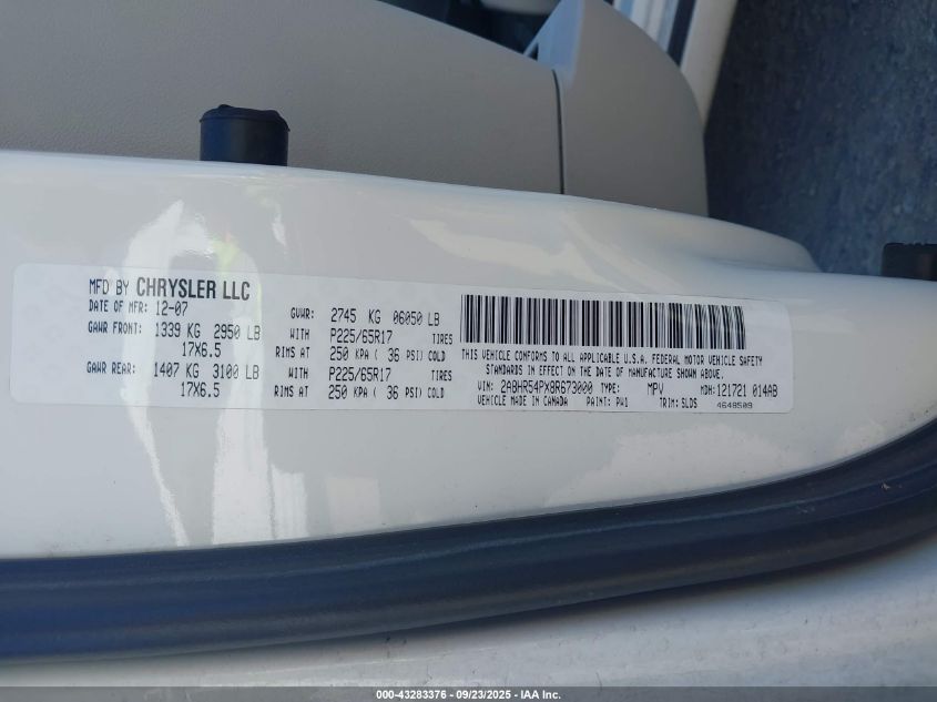 2008 Chrysler Town & Country Touring VIN: 2A8HR54PX8R673000 Lot: 43283376