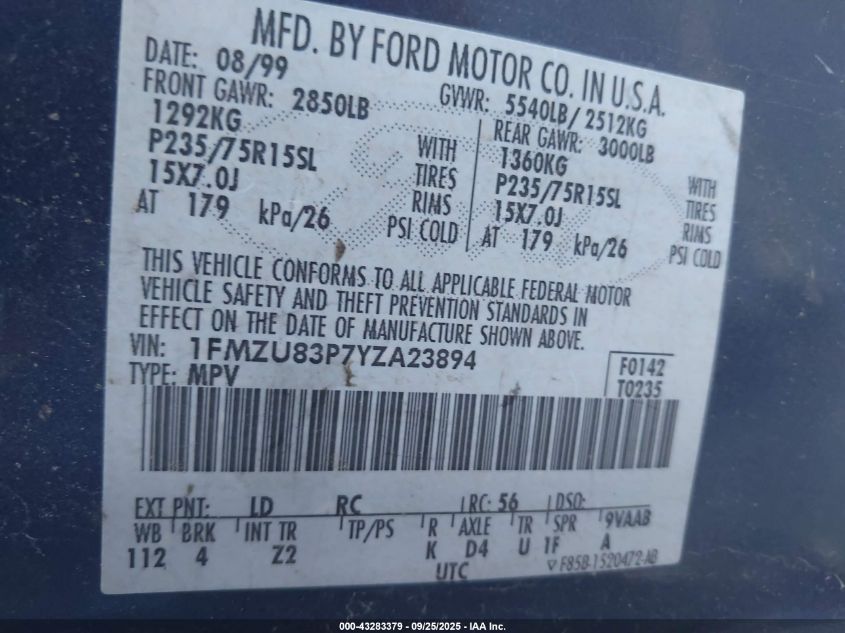 2000 Ford Explorer Xlt VIN: 1FMZU83P7YZA23894 Lot: 43283379