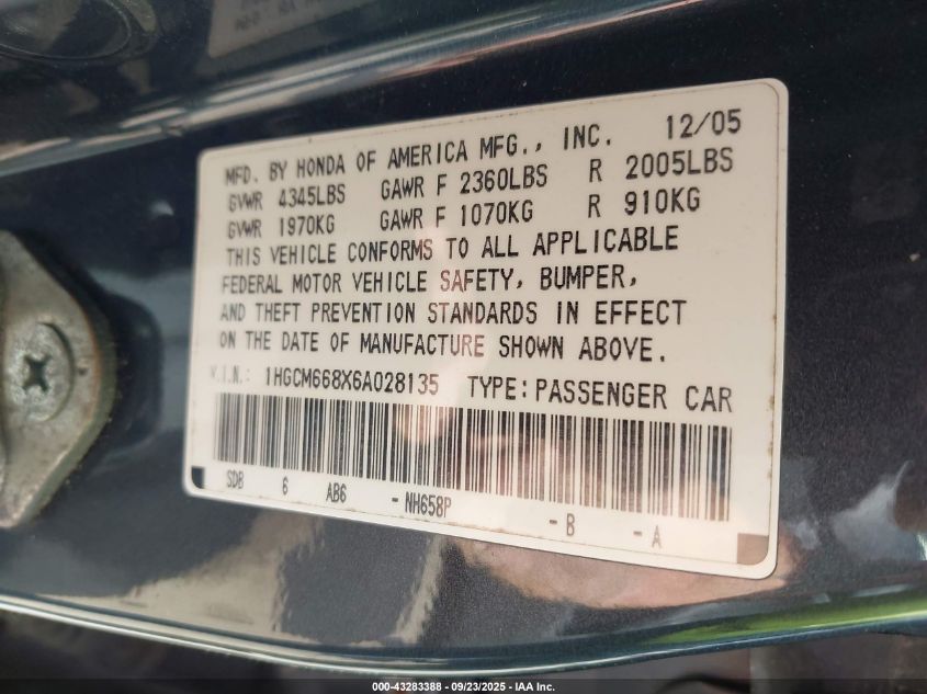 2006 Honda Accord 3.0 Ex VIN: 1HGCM668X6A028135 Lot: 43283388