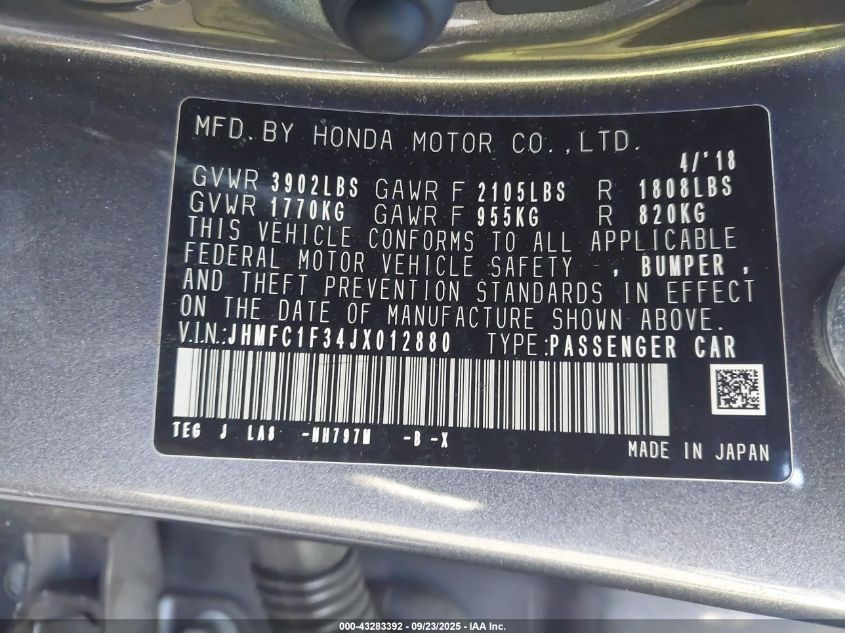 2018 Honda Civic Ex-T VIN: JHMFC1F34JX012880 Lot: 43283392