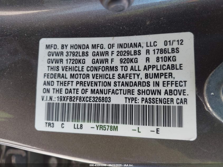 2012 Honda Civic Ex VIN: 19XFB2F8XCE326803 Lot: 43283399