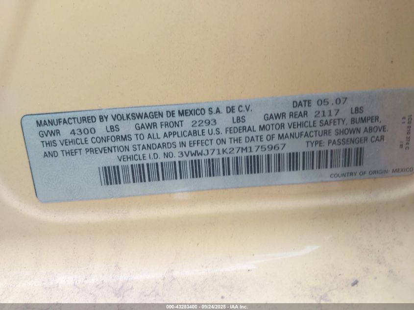 2007 Volkswagen Jetta Gli VIN: 3VWWJ71K27M175967 Lot: 43283400