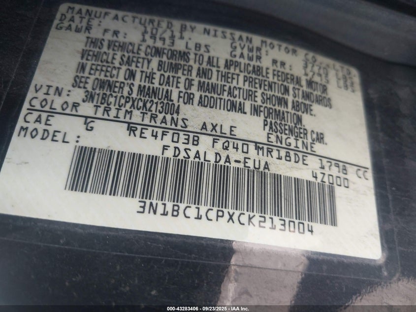 2012 Nissan Versa 1.8 S VIN: 3N1BC1CPXCK213004 Lot: 43283406