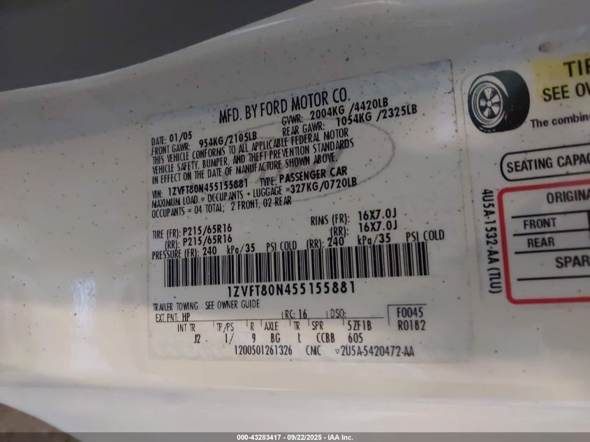 2005 Ford Mustang V6 Deluxe/V6 Premium VIN: 1ZVFT80N455155881 Lot: 43283417