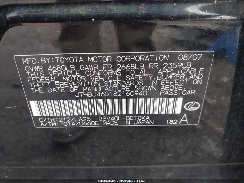 2008 Lexus Es 350 VIN: JTHBJ46G182160940 Lot: 43283428