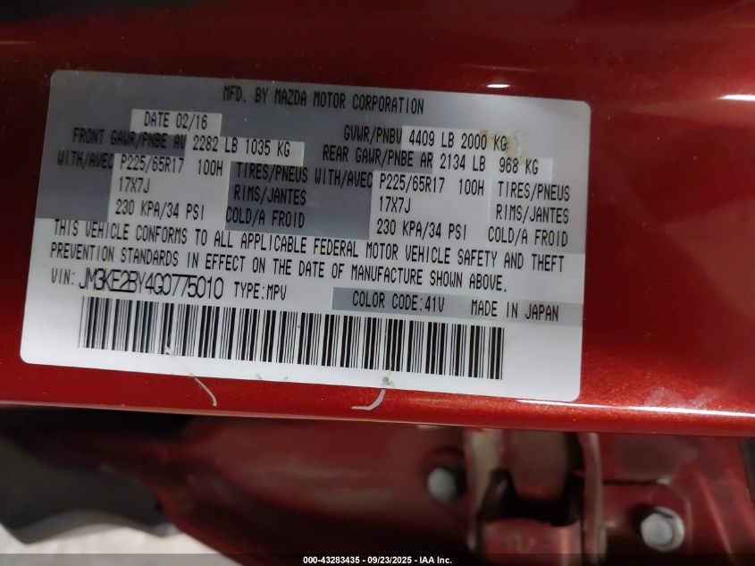 2016 Mazda Cx-5 Sport VIN: JM3KE2BY4G0775010 Lot: 43283435