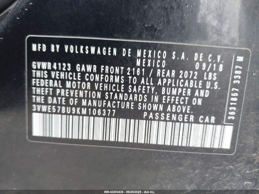 2019 Volkswagen Jetta 1.4T Sel VIN: 3VWE57BU9KM106377 Lot: 43283438