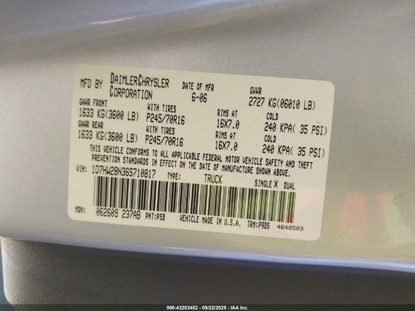 2006 Dodge Dakota St VIN: 1D7HW28N36S710817 Lot: 43283452
