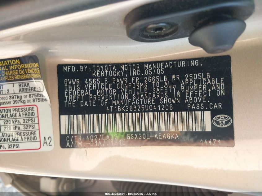 2005 Toyota Avalon Xls VIN: 4T1BK36B25U041206 Lot: 43283461