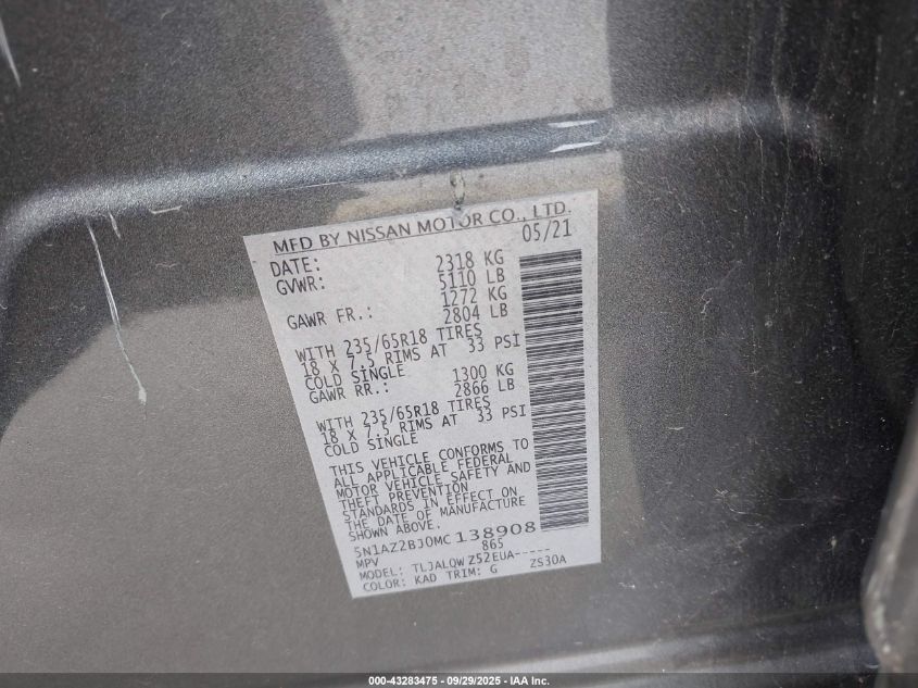 2021 Nissan Murano Sv Fwd VIN: 5N1AZ2BJ0MC138908 Lot: 43283475