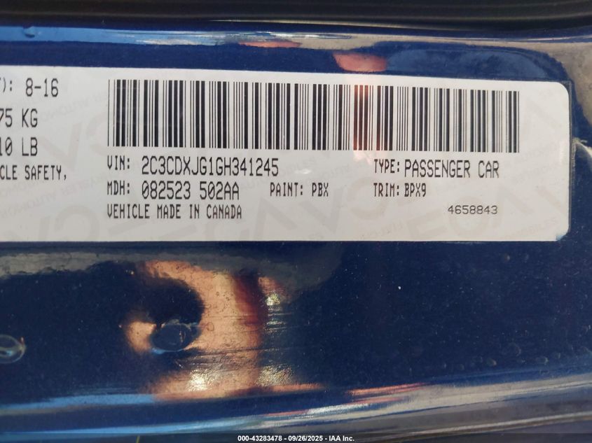 2016 Dodge Charger Sxt VIN: 2C3CDXJG1GH341245 Lot: 43283478