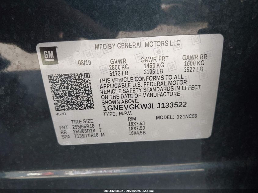 2020 Chevrolet Traverse Awd Lt Cloth VIN: 1GNEVGKW3LJ133522 Lot: 43283492