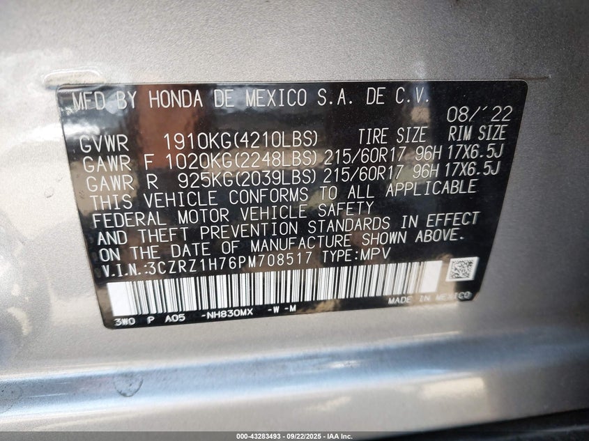 2023 HONDA HR-V 2WD EX-L - 3CZRZ1H76PM708517