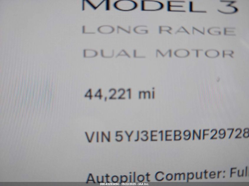 2022 Tesla Model 3 Long Range Dual Motor All-Wheel Drive VIN: 5YJ3E1EB9NF297289 Lot: 43283494