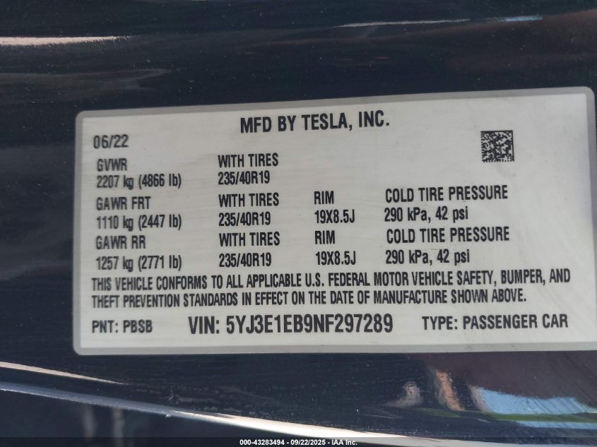 2022 Tesla Model 3 Long Range Dual Motor All-Wheel Drive VIN: 5YJ3E1EB9NF297289 Lot: 43283494