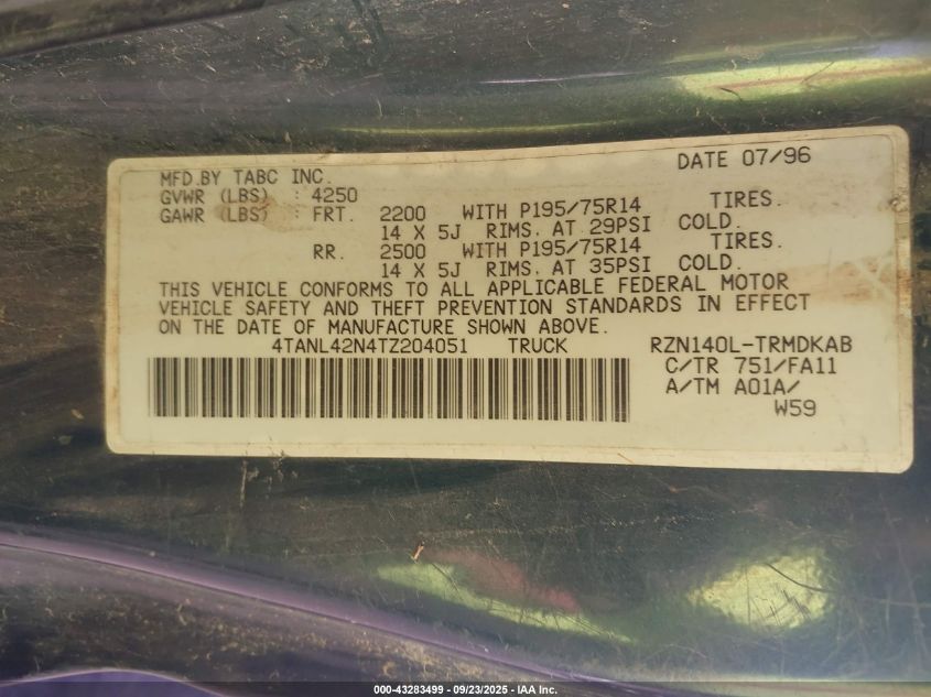 1996 Toyota Tacoma VIN: 4TANL42N4TZ204051 Lot: 43283499