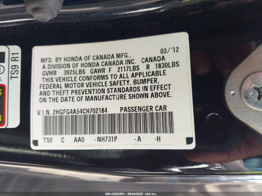 2012 Honda Civic Si VIN: 2HGFG4A54CH702184 Lot: 43283501