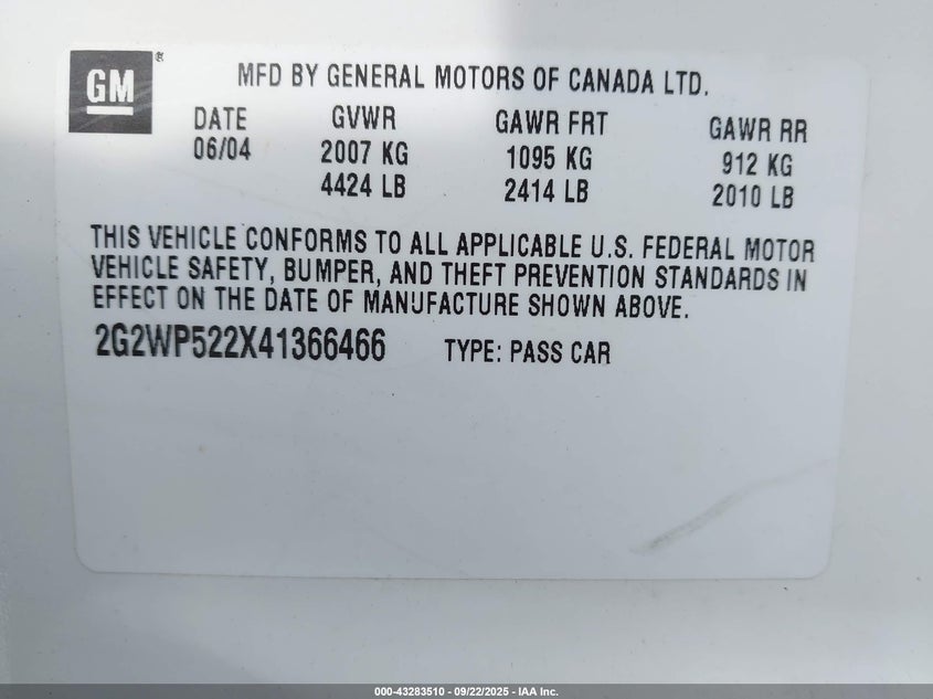 2004 Pontiac Grand Prix Gt1 VIN: 2G2WP522X41366466 Lot: 43283510