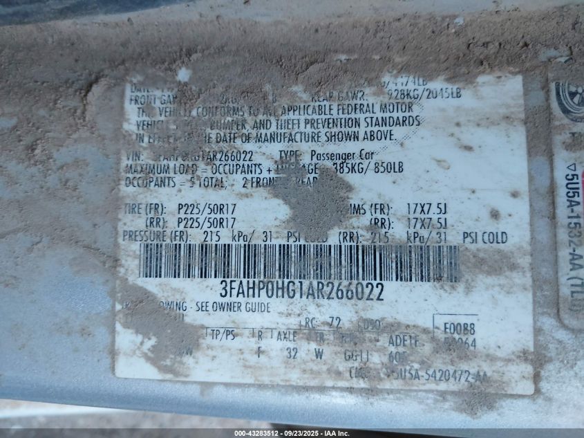 2010 Ford Fusion Se VIN: 3FAHP0HG1AR266022 Lot: 43283512