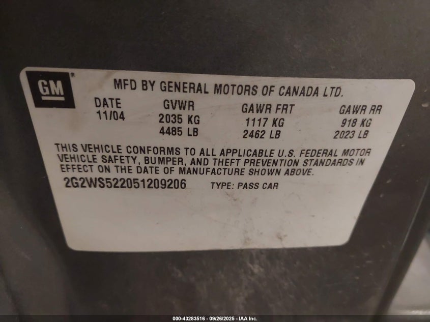2005 Pontiac Grand Prix Gt VIN: 2G2WS522051209206 Lot: 43283516