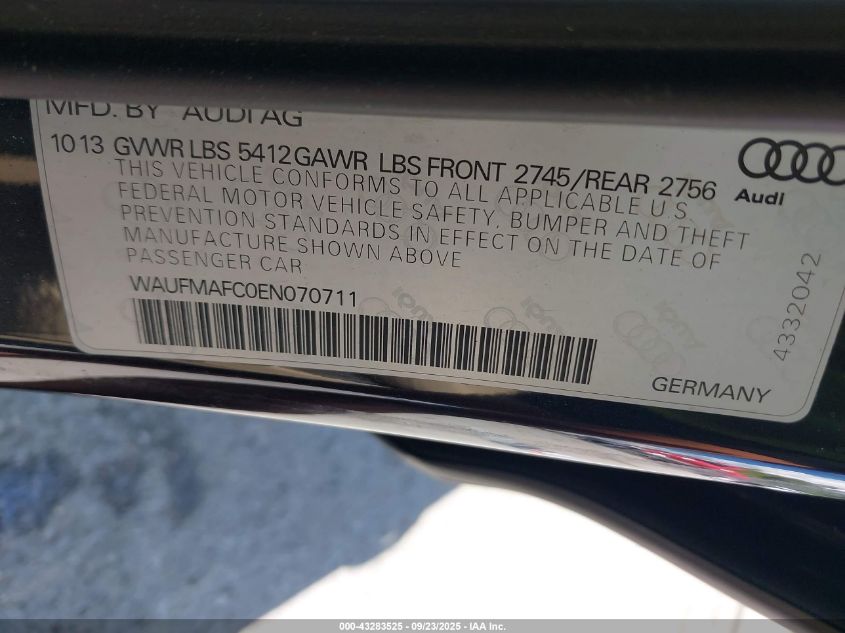 2014 Audi A6 3.0 Tdi Premium Plus VIN: WAUFMAFC0EN070711 Lot: 43283525