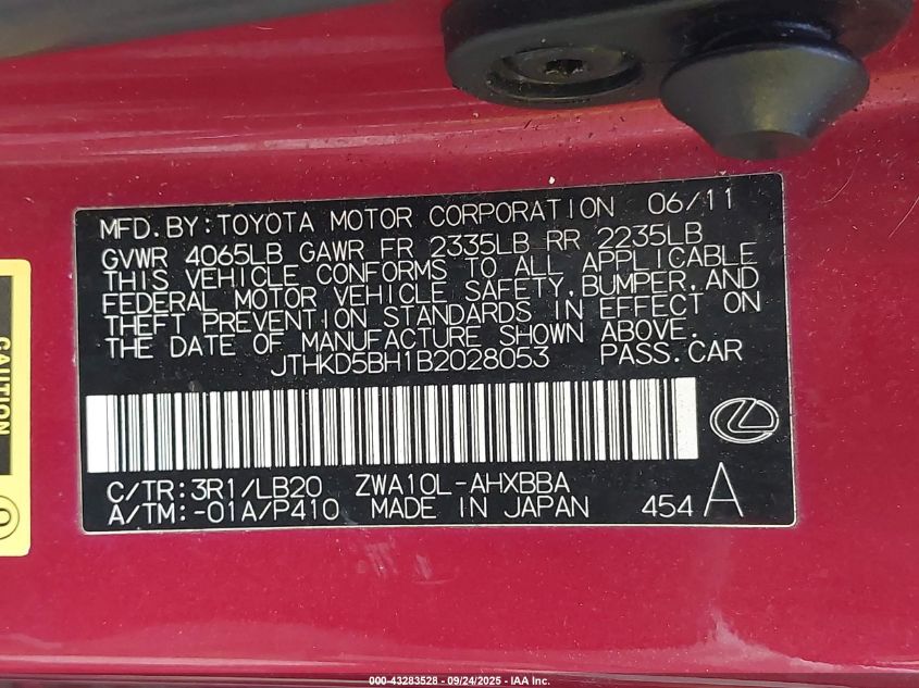 2011 Lexus Ct 200H Premium VIN: JTHKD5BH1B2028053 Lot: 43283528