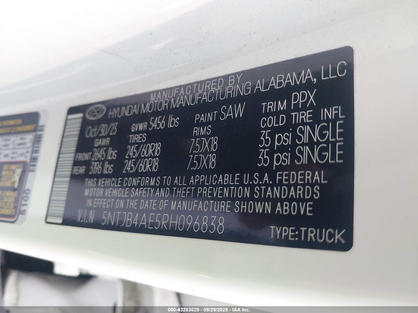 2024 Hyundai Santa Cruz Sel VIN: 5NTJB4AE5RH096838 Lot: 43283529