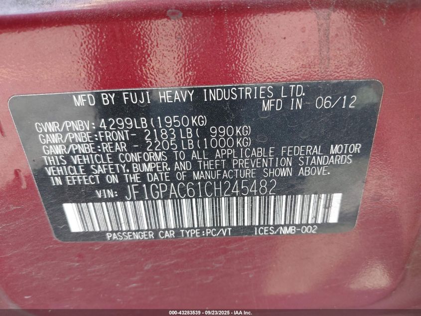 2012 Subaru Impreza 2.0I Premium VIN: JF1GPAC61CH245482 Lot: 43283539