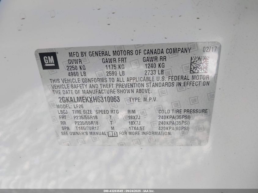 2017 GMC Terrain Sle-1 VIN: 2GKALMEKXH6310063 Lot: 43283549