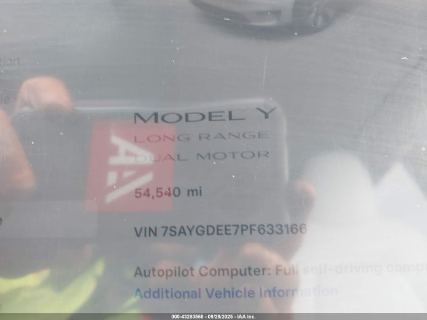 2023 Tesla Model Y Awd/Long Range Dual Motor All-Wheel Drive VIN: 7SAYGDEE7PF633166 Lot: 43283568
