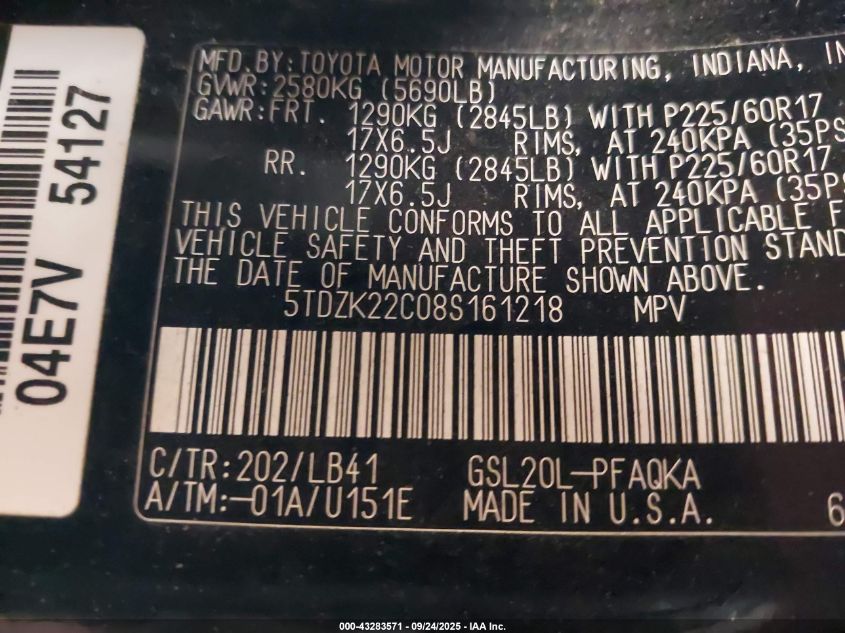 2008 Toyota Sienna Limited VIN: 5TDZK22C08S161218 Lot: 43283571