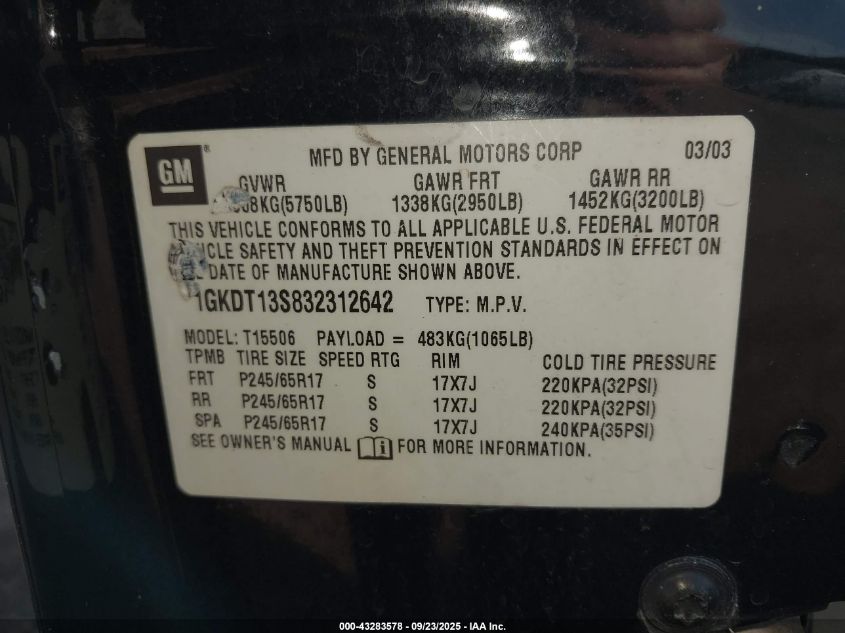 2003 GMC Envoy Slt VIN: 1GKDT13S832312642 Lot: 43283578