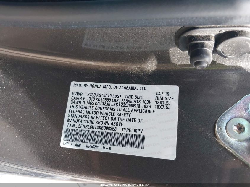 2019 Honda Odyssey Ex-L VIN: 5FNRL6H74KB098358 Lot: 43283581