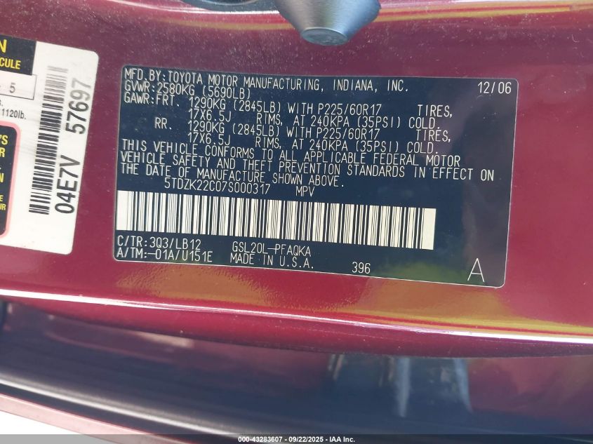 2007 Toyota Sienna Xle VIN: 5TDZK22C07S000317 Lot: 43283607