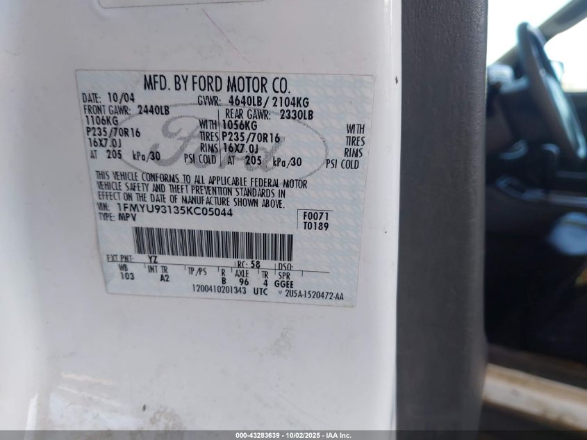 2005 Ford Escape Xlt VIN: 1FMYU93135KC05044 Lot: 43283639