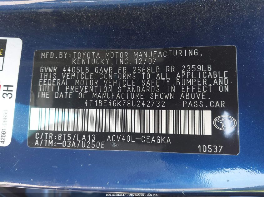 2008 Toyota Camry Xle VIN: 4T1BE46K78U242732 Lot: 43283647