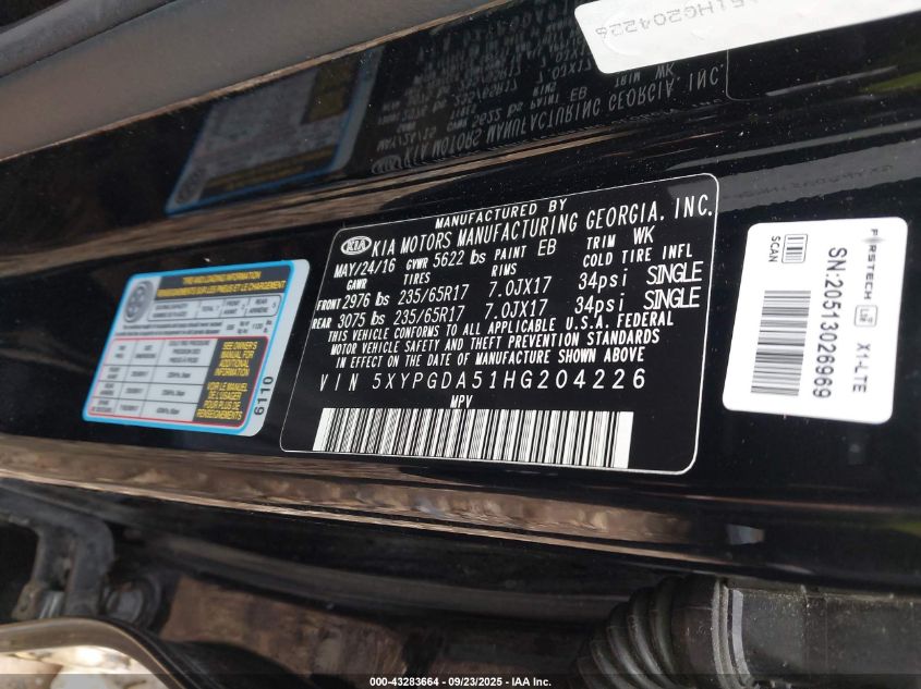 2017 Kia Sorento 3.3L Lx VIN: 5XYPGDA51HG204226 Lot: 43283664