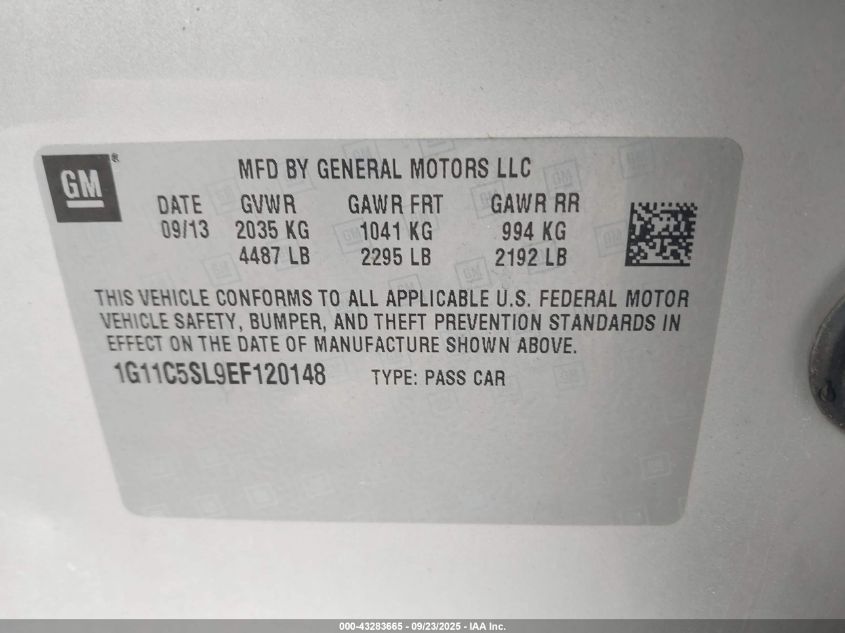 2014 Chevrolet Malibu 1Lt VIN: 1G11C5SL9EF120148 Lot: 43283665