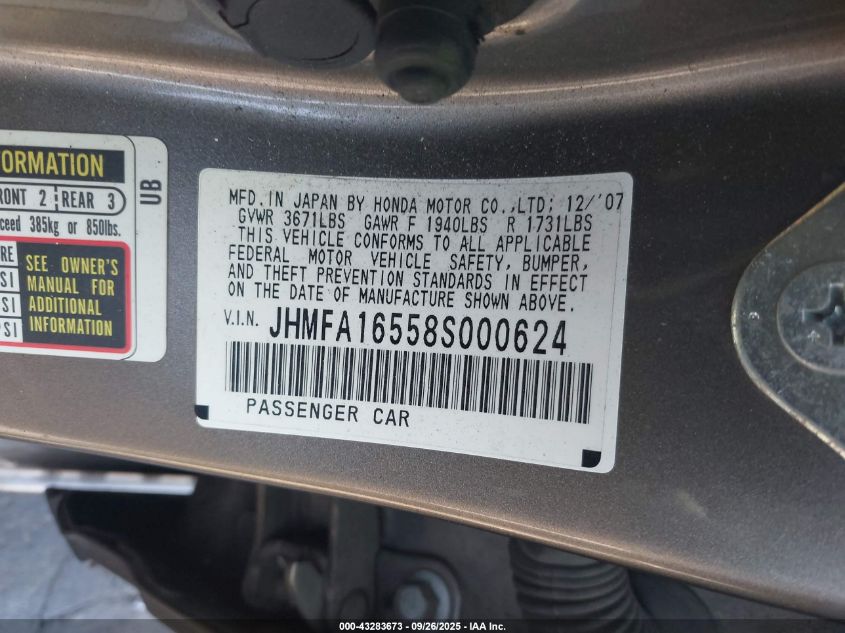 2008 Honda Civic Lx VIN: JHMFA16558S000624 Lot: 43283673