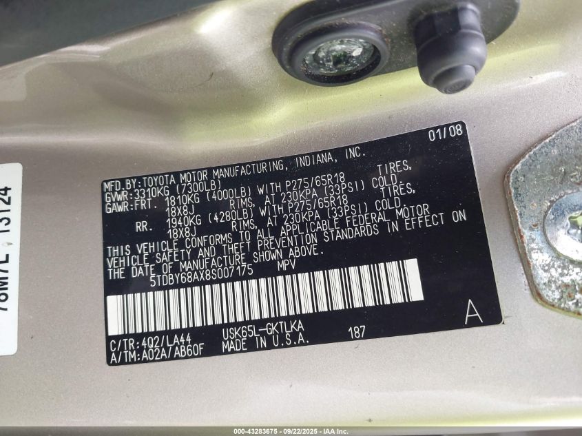 2008 Toyota Sequoia Limited 5.7L V8 VIN: 5TDBY68AX8S007175 Lot: 43283675