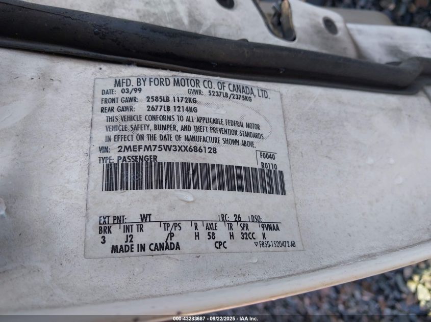 1999 Mercury Grand Marquis Ls VIN: 2MEFM75W3XX686128 Lot: 43283687