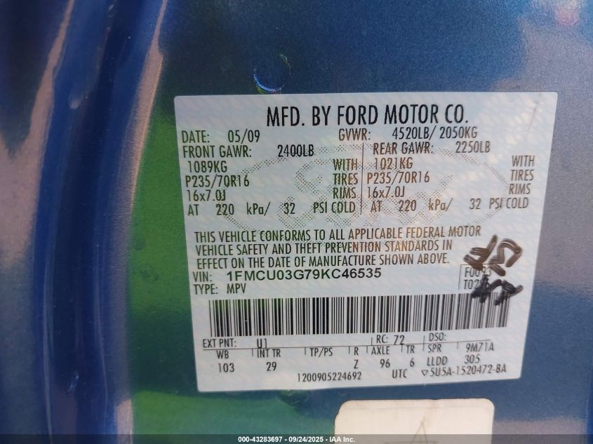 2009 Ford Escape Xlt VIN: 1FMCU03G79KC46535 Lot: 43283697