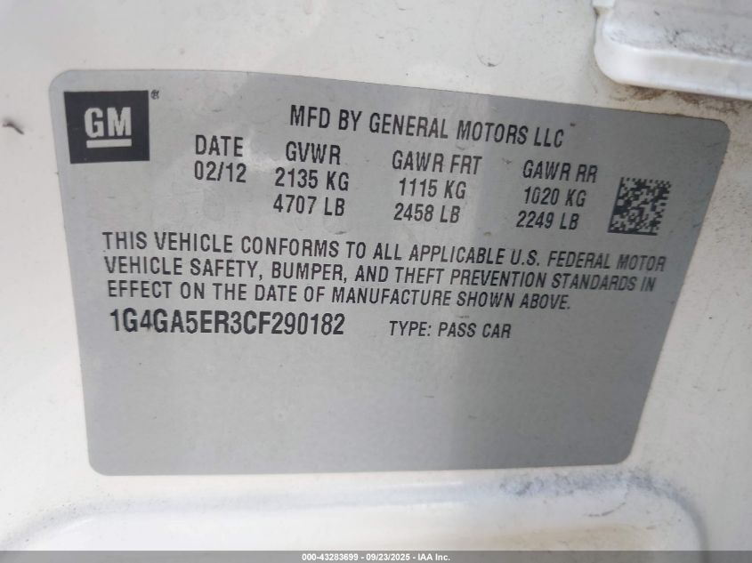 2012 Buick Lacrosse VIN: 1G4GA5ER3CF290182 Lot: 43283699