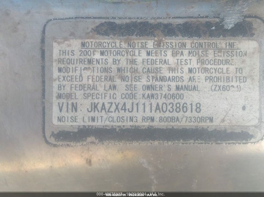 2001 Kawasaki Zx600 J1 VIN: JKAZX4J111A038618 Lot: 43283708